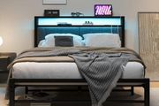 King Size Bed Frame with Storage and LED Lights,5ft Metal Platform Bed Frame King Size Bed Base with Charging Station,Mattress Base,Strong Slats Support,Under-bed Storage,Noise Free,Grey
