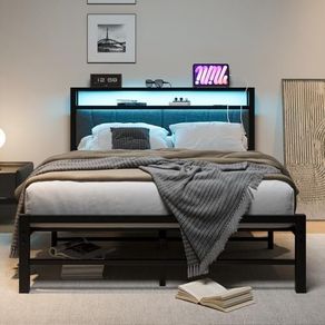 King Size Bed Frame with Storage and LED Lights,5ft Metal Platform Bed Frame King Size Bed Base with Charging Station,Mattress Base,Strong Slats Support,Under-bed Storage,Noise Free,Grey