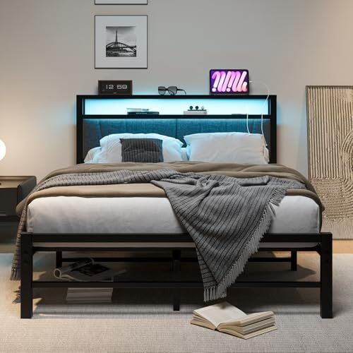 Double Bed Frame with Storage and LED Lights