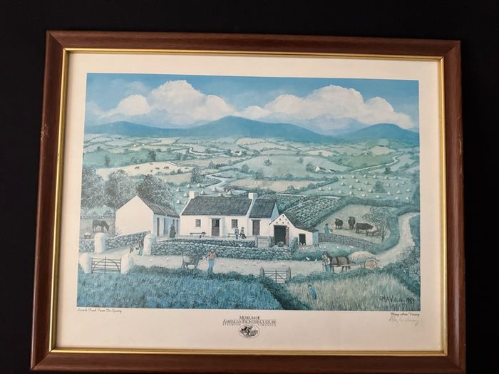 Pair of Hand-Signed Mary Ann Vessey Framed Folk Art Prints (Ulster-Scots & Winter Farm)