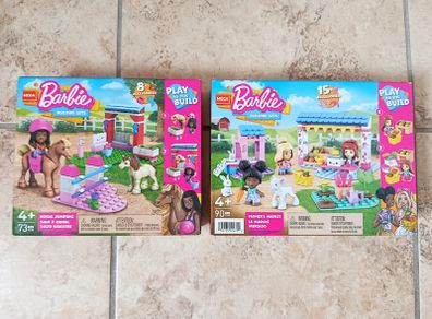 2x Barbie Building Set Mattel Mega - Horse Jumping + Farmer's Market Dolls Lego