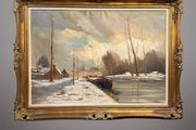 Magnificent Large-Scale Dutch Winter River Landscape Oil Painting