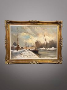 Magnificent Large-Scale Dutch Winter River Landscape Oil Painting