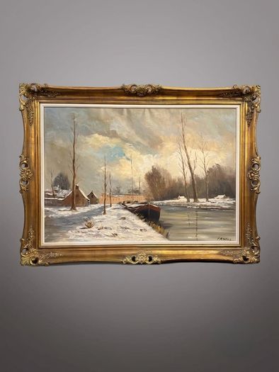 Magnificent Large-Scale Dutch Winter River Landscape Oil Painting