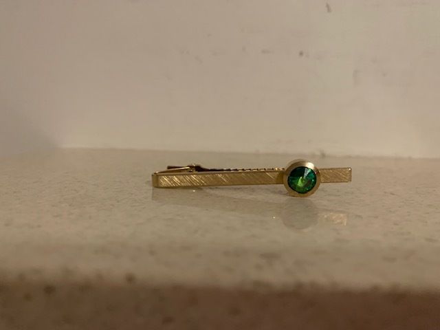 Mid Century Gold-Tone Green Stone Tie Clip