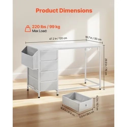 Computer Desk with Fabric Drawers, 120 cm Reversible Study Work Writing Desk for Modern Home Office Bedroom