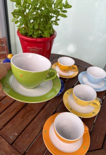 Vintage Mini Polka Dot Tea Set, Yellow, Green, Blue, Orange, Tea Cups, Saucers