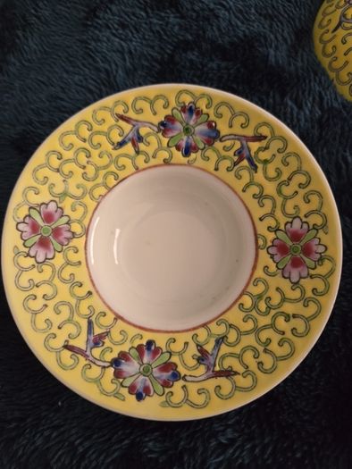 Vintage Chinese Jingdezhen Gaiwan Tea Bowl and Spoon Set Yellow Longevity Pattern
