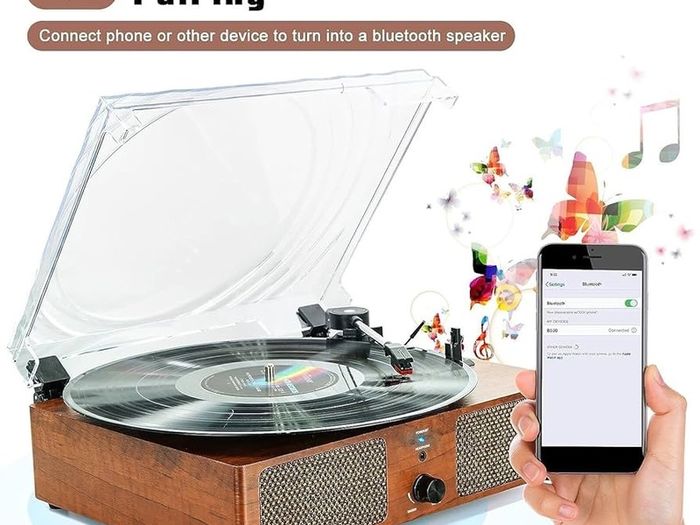 FREE EXPRESS SHIPPING Bluetooth Vinyl Record Player,3-Speed Turntable with Stereo Speakers Vintage Phonograph Record Player, with RCA Line Out AUX in Headphone Jack