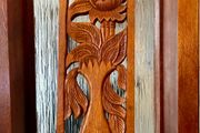 Hand Carved Long Balinese Wooden Sunflower Floral Relief Wall Art Decor Panel