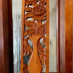 Hand Carved Long Balinese Wooden Sunflower Floral Relief Wall Art Decor Panel