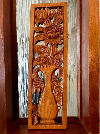 Hand Carved Long Balinese Wooden Sunflower Floral Relief Wall Art Decor Panel