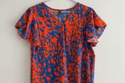 Pre Owned Cobalt Blue &amp; Orange Abstract Print Flutter Sleeve Top