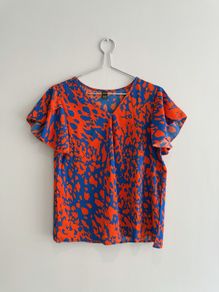 Pre Owned Cobalt Blue & Orange Abstract Print Flutter Sleeve Top