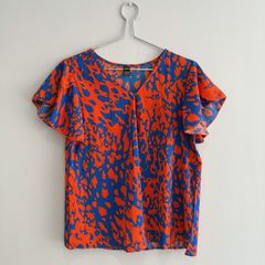 Pre Owned Cobalt Blue & Orange Abstract Print Flutter Sleeve Top