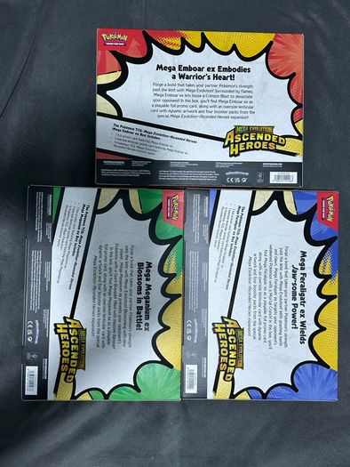 Mega Evolution Ascended Heroes Mega Meganium ex, Mega Emboar ex, and Mega Feraligatr ex Boxes