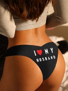 Women's Sexy "I Love My Husband" Heart Print Black Panty - Comfortable Breathable Polyamide Briefs (1 Pc) Free inspection