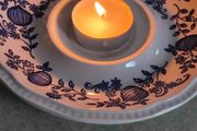 Staffordshire Blue Onion Orphan Saucer Made in England By KENSINGTON  Vintage Blue Ironstone AS NIGHT LITE CANDLE HOLDER.