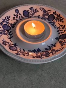 Staffordshire Blue Onion Orphan Saucer Made in England By KENSINGTON  Vintage Blue Ironstone AS NIGHT LITE CANDLE HOLDER.