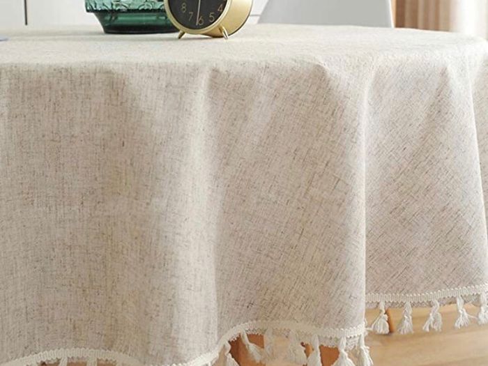 Cotton Linen Table Cloth Solid Color Tassel Round Tablecloth Dust-Proof Shrink-Proof Table Cover (Beige, Round 150cm)