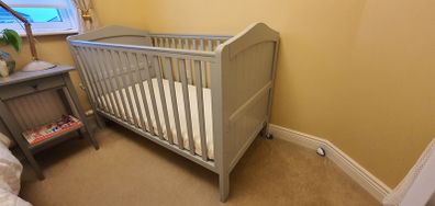 Nested Sorrento Baby Cot Grey with Mattress & Fisher Price butterfly dreams toy with Music/light