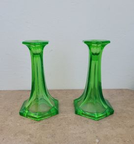 Antique green glass candlesticks