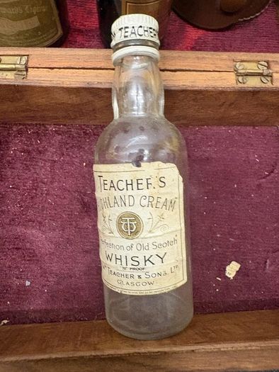 Vintage Miniature Drinks Bottles, Travel Cup and Wooden Box