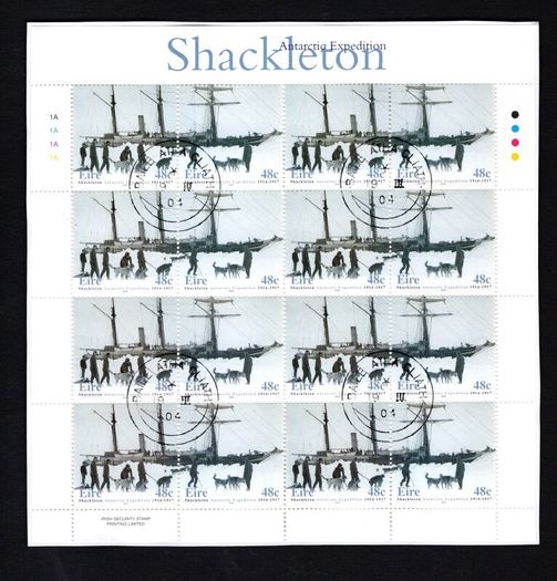2004 Ireland Shackleton Antarctic Expedition Commemorative Stamp Sheetlet Plate 1A1A1A1A Fine Used with Dublin cancel of 19th March 2004 (First day of issue) on envelope extract.