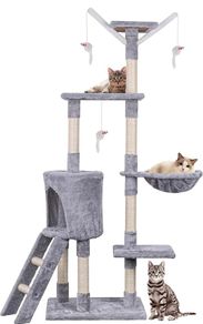 Cat Tree, 145cm Cat Scratch Posts Multi-Level Stable Cat Climbing Tower Cat Activity Trees with Ladder, Indoor Pet Activity Furniture Play House for Kitty Kitten (FREE POSTAGE)