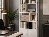 Industrial 5-Tier Bookcase with Double Door Cabinet  Maple White
