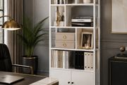 Industrial 5-Tier Bookcase with Double Door Cabinet  Maple White