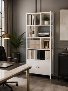 Industrial 5-Tier Bookcase with Double Door Cabinet  Maple White