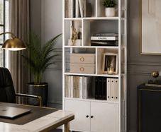 Industrial 5-Tier Bookcase with Double Door Cabinet  Maple White