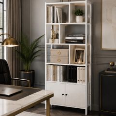 Industrial 5-Tier Bookcase with Double Door Cabinet  Maple White