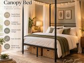 Black Metal Double Four Poster Canopy Bed Frame with Underbed Storage