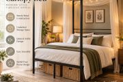 Black Metal Double Four Poster Canopy Bed Frame with Underbed Storage