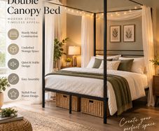 Black Metal Double Four Poster Canopy Bed Frame with Underbed Storage