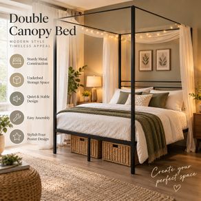 Black Metal Double Four Poster Canopy Bed Frame with Underbed Storage