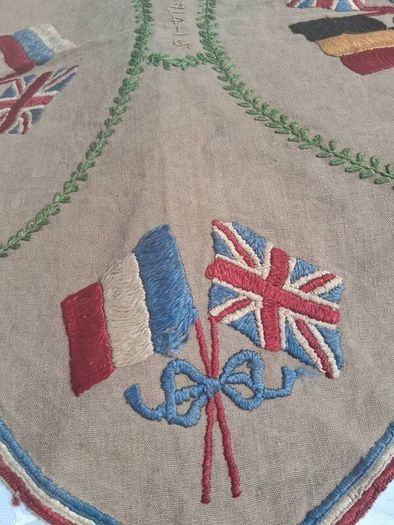 WW1 Embroidered Linen Tray Runner and Tea Cosy