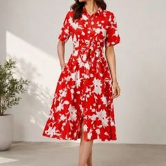 BNWT Summer Floral Red and White Dress: Size 14