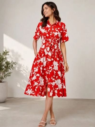 BNWT Summer Floral Red and White Dress: Size 14