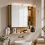 LED Mirrored Bathroom Cabinet with Storage, Basket & Hair Dryer Holder Oak Colour Image 2