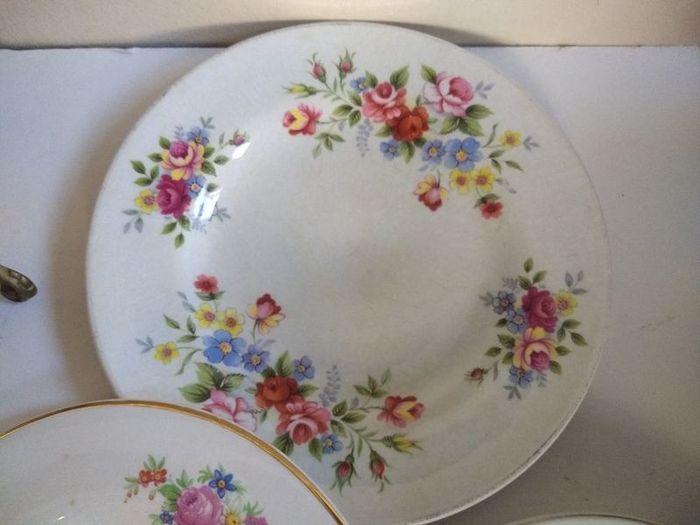 Lovely Mix and Match Set of Nine Vintage Shabby Chic Floral Tea Plates by Arklow Pottery, Carrigaline Pottery and Alfred Meakin