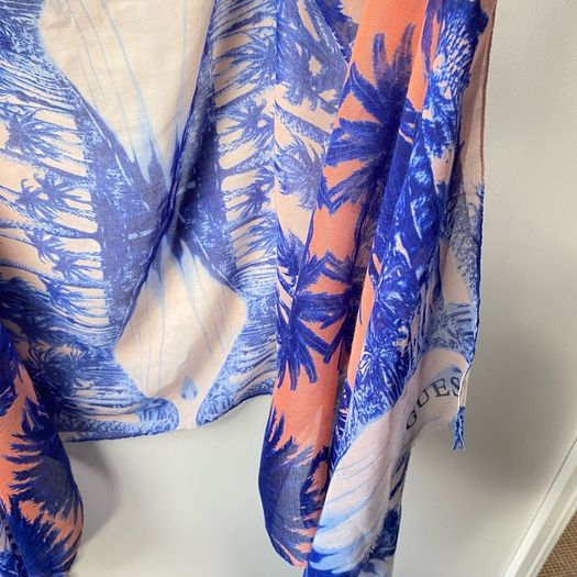 GUESS Tropical Print Winter Accent Scarf | Royal Blue & Peach Lightweight Wrap