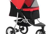 One-click Folding Pet Stroller Dog/Cat Travel Carriage with Adjustable Canopy, Cupholder, Storage Basket, Red