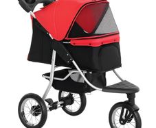 One-click Folding Pet Stroller Dog/Cat Travel Carriage with Adjustable Canopy, Cupholder, Storage Basket, Red