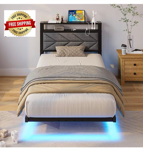 Metal Bed Frame with LED Lights and Charging Station, Heavy Duty Metal Slat Support, Noise Free, No Box Spring Needed