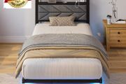 Metal Bed Frame with LED Lights and Charging Station, Heavy Duty Metal Slat Support, Noise Free, No Box Spring Needed