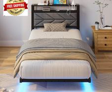 Metal Bed Frame with LED Lights and Charging Station, Heavy Duty Metal Slat Support, Noise Free, No Box Spring Needed