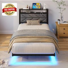 Metal Bed Frame with LED Lights and Charging Station, Heavy Duty Metal Slat Support, Noise Free, No Box Spring Needed